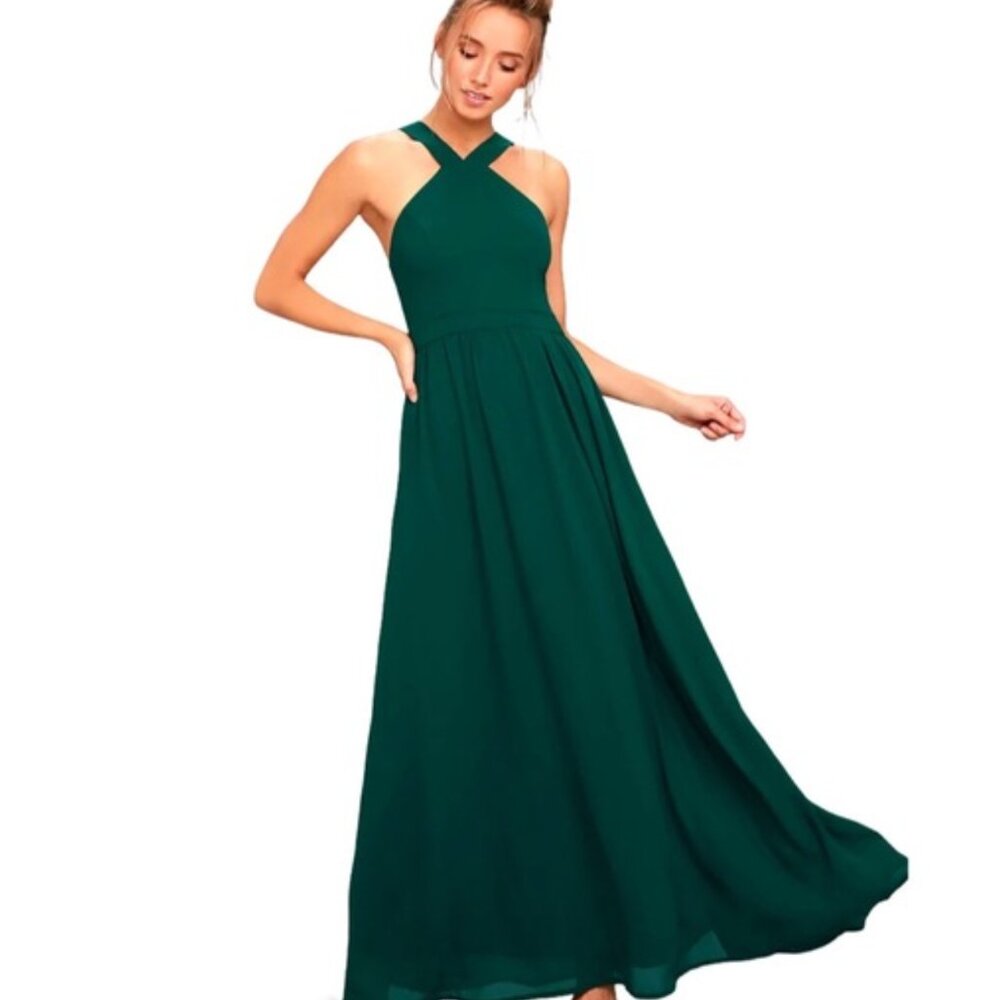 New with tags! Lulu’s Air of Romance Forest Green Maxi Dress S